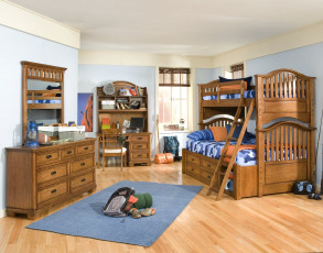 Картинка интерьер детская комната тумбочка кровать подушки
