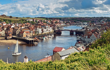Картинка англия уитби города панорамы дома река мост