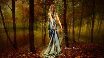 Картинка рисованные люди листья деревья лес спина волосы платье огоньки магия девушка