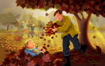 обоя рисованные, люди, осень, листья