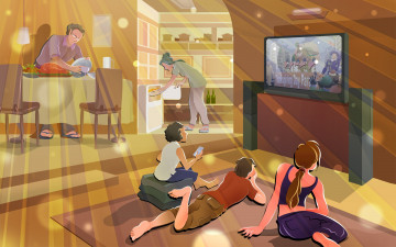 Картинка рисованные люди стол квартира телевизор