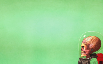 Картинка рисованные минимализм инопланетянин череп мозги пришелец голова mars attacks зеленоватый фон скафандр скелет