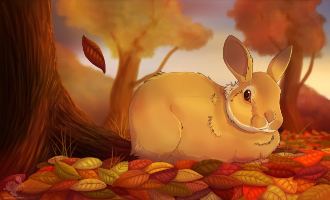 Обои картинки фото рисованные, животные, зайцы, кролики, заяц, листья, осень