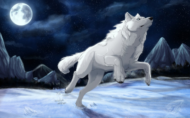 Обои картинки фото рисованные, животные, волки, луна, волк