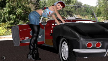 Картинка автомобили 3d+car&girl платок сапоги автомобиль фон взгляд девушка