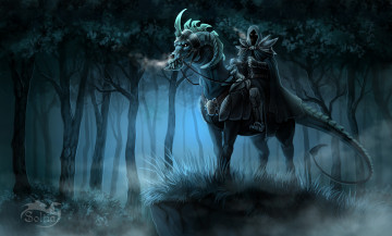 Картинка фэнтези существа лес броня ночь арт фантастика взгляд капюшон всадник
