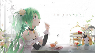 Картинка аниме vocaloid kuroi asahi hatsune miku девочка сладости чай кафе стол арт