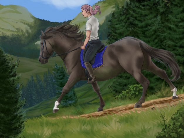 Обои картинки фото рисованное, животные,  лошади, взгляд, лес, горы, девушка, лошадь, фон