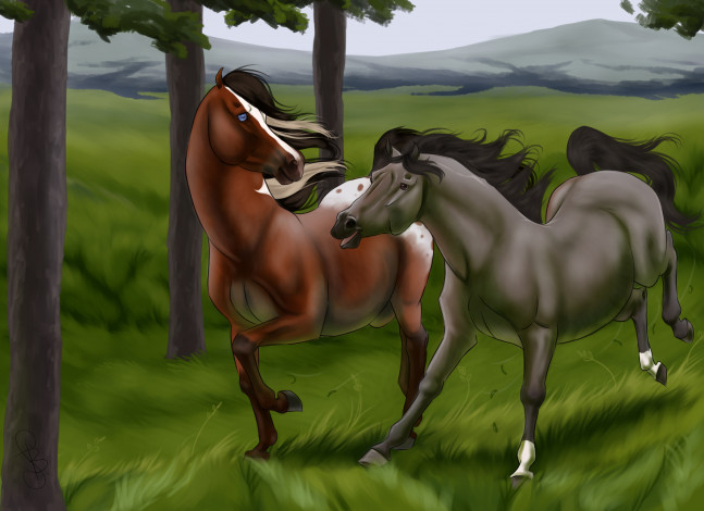 Обои картинки фото рисованное, животные,  лошади, лошади, поле, деревья