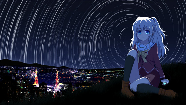 Обои картинки фото аниме, charlotte, ночь, девочка, звездное, небо, огни, город, tomori, nao, арт
