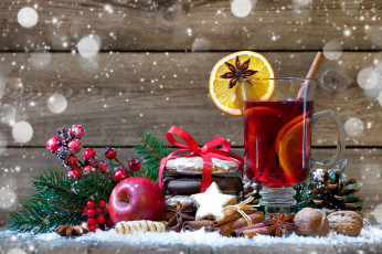 Картинка праздничные угощения печенье орехи апельсин чай