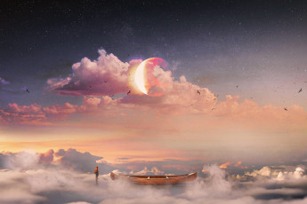 Картинка разное компьютерный+дизайн птицы лодка Человек луна звезды облака небо