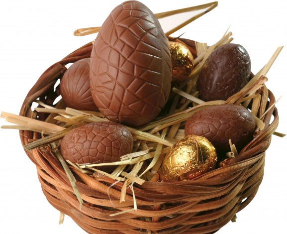 Обои картинки фото еда, конфеты,  шоколад,  сладости, гнездо, корзинка, шоколад, яйца