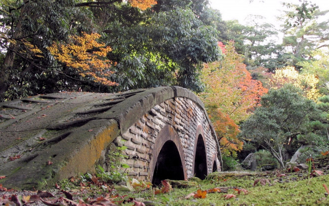 Обои картинки фото города, - мосты, деревья, осень, листья, трава, мост