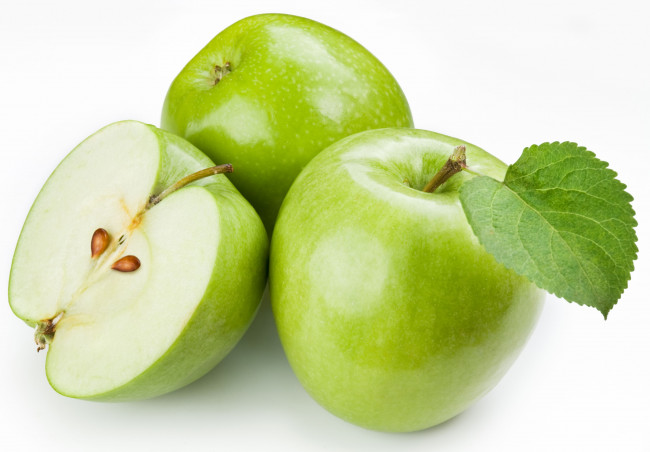 Обои картинки фото еда, Яблоки, яблоки, зеленые, половина