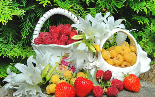 Обои картинки фото еда, малина, лилии, ягоды