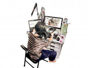 обоя by, gasaru, аниме, weapon, blood, technology, мужчина, стол, стул, компьютер, ноутбук, часы, рисование
