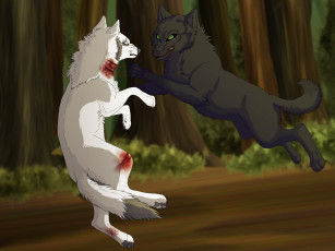 Картинка рисованные животные +сказочные +мифические лес волки ночь драка кровь