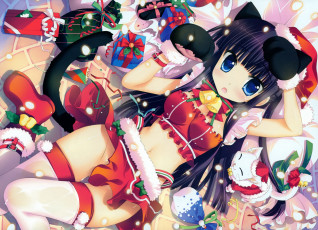 Картинка by+fujima+takuya аниме -merry+chrismas+&+winter снег шапка лапы хвост кошка ушки колокольчик костюм девушка подарки