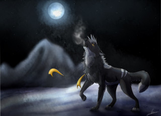 Картинка рисованные животные +сказочные +мифические волк луна ночь вой