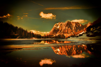 Картинка природа реки озера горы лес снег вода закат отражение