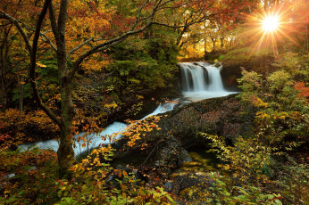 обоя природа, водопады, вода, осень, солнце