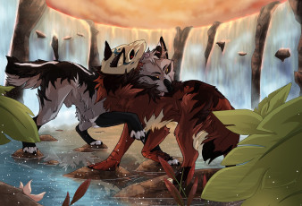 Картинка рисованное животные +волки ручей волки