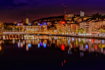 Картинка города цюрих+ швейцария огни ночь цюрих zurich река дома