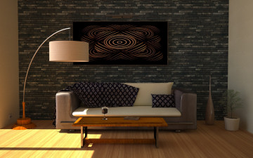 Картинка 3д+графика реализм+ realism столик вино светильник картина диван подушки
