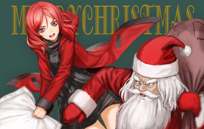 Обои картинки фото аниме, зима,  новый год,  рождество, nishikino, maki, дед, мороз, zhouran, christmas, арт, santa, claus, девушка