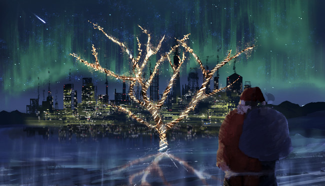 Обои картинки фото аниме, зима,  новый год,  рождество, город, дерево, дед, мороз, санта