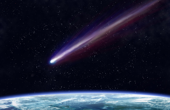 Обои картинки фото космос, кометы, метеориты, орбита, метеорит, земля, шлейф, полёт, вселенная, комета