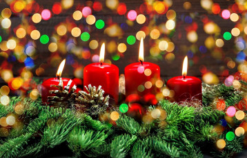 обоя праздничные, новогодние свечи, свечи, огоньки, шишки