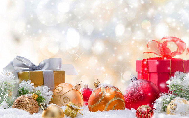 Обои картинки фото праздничные, подарки и коробочки, шарики, снег, банты, подарки