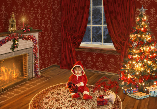Обои картинки фото праздничные, новогодний очаг, елка, ребенок, камин, взгляд, кот, фон