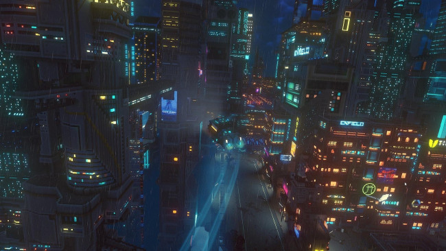 Обои картинки фото видео игры, cloudpunk, город, огни, дождь, транспорт