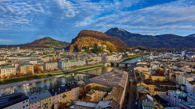Обои картинки фото города, зальцбург , австрия, горы, река, мосты, панорама