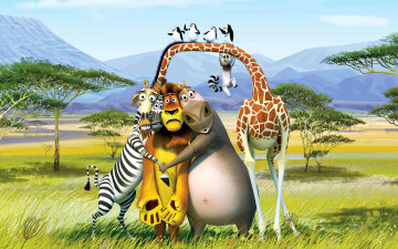 обоя мультфильмы, madagascar, escape, africa, жираф, лев, мадагаскар, зебра, бегемот