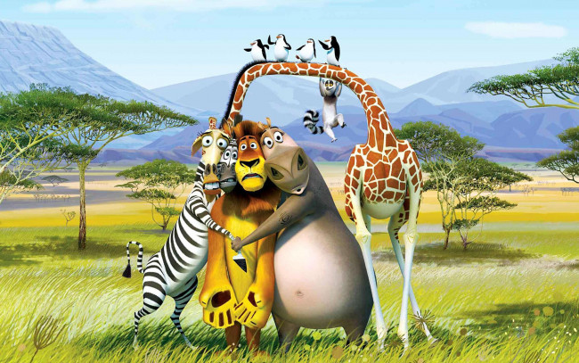 Обои картинки фото мультфильмы, madagascar, escape, africa, жираф, лев, мадагаскар, зебра, бегемот