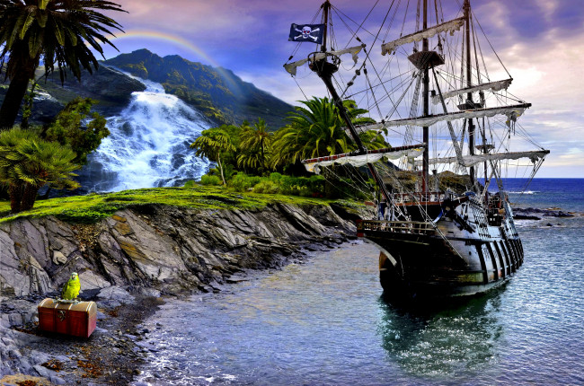 Обои картинки фото корабли, 3d, пиратский, бриг, попугай, сундук, остров, океан