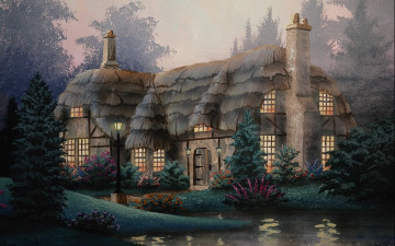 Картинка фэнтези пейзажи фонари озеро ели деревья дом