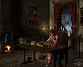 Картинка 3д+графика фантазия+ fantasy девушка взгляд стол книга дракон камин свечи череп