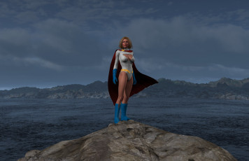 Картинка supergirl 3д+графика фантазия+ fantasy взгляд супермен девушка озеро накидка горы