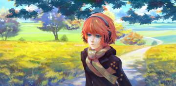 Картинка аниме музыка рыжая девушка арт arsenixc ветки трава тропинка дорога шарф наушники деревья поле