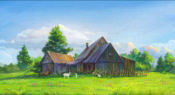 Картинка рисованное живопись дом козы сарай деревья трава небо природа деревянный