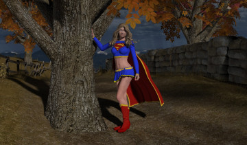 обоя supergirl, 3д графика, фантазия , fantasy, дерево, девушка, фон, взгляд, супермен