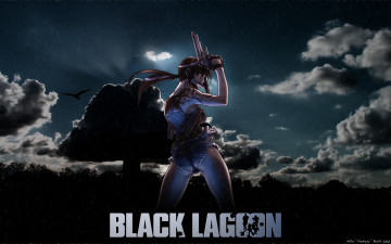 Картинка аниме black+lagoon птица небо дерево облака оружие пистолет девушка revy дождь