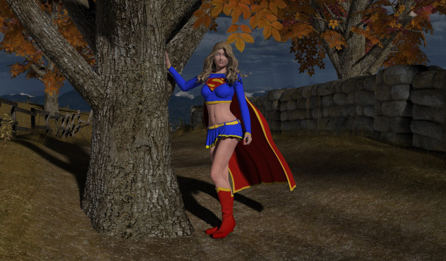 Обои картинки фото supergirl, 3д графика, фантазия , fantasy, дерево, девушка, фон, взгляд, супермен