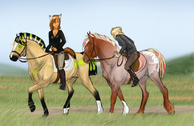 Обои картинки фото рисованное, животные,  лошади, прогулка, всадники, ипподром, лошадь