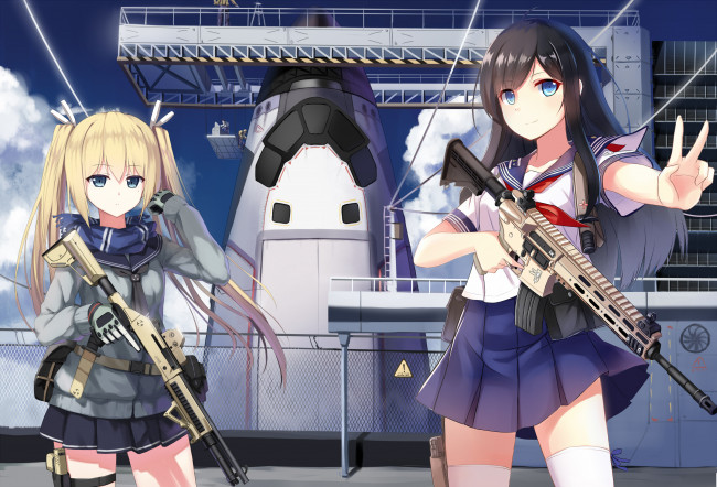 Обои картинки фото аниме, оружие,  техника,  технологии, ракета, охрана, девушки, пулемёты, арт, yuri, shoutu